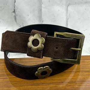 Suede Bohemian Belt Brown Genuine Leather with Brass Daisy Detail and Buckle XL